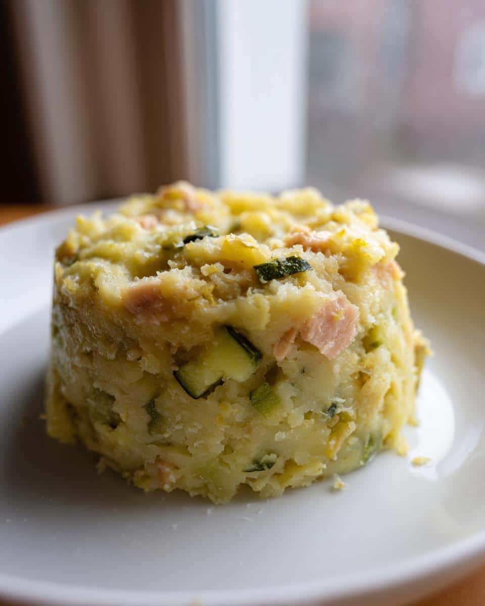 A molded portion of homemade March Sardine, Potato & Zucchini Dog Food showing mashed potato, green zucchini chunks, and pink sardine pieces.