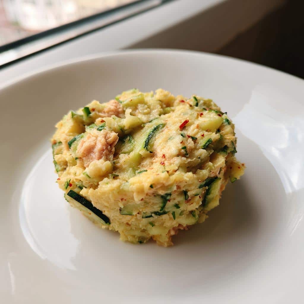 A molded portion of March Sardine, Potato & Zucchini Dog Food mixture on a white plate.