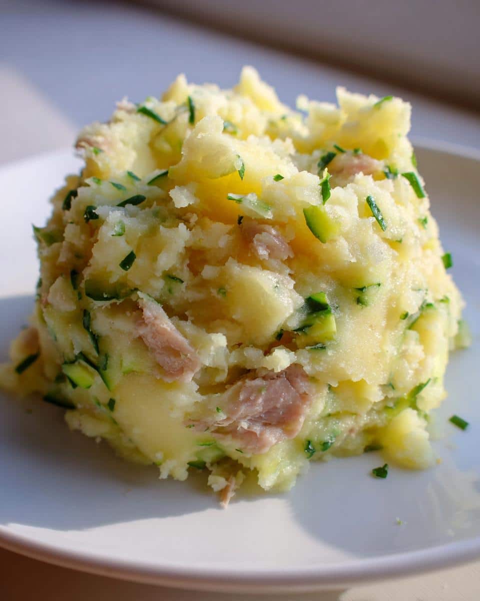 A portion of mashed potato mix with flakes of sardine, shredded zucchini, and herbs, representing the March Sardine, Potato & Zucchini Dog Food.