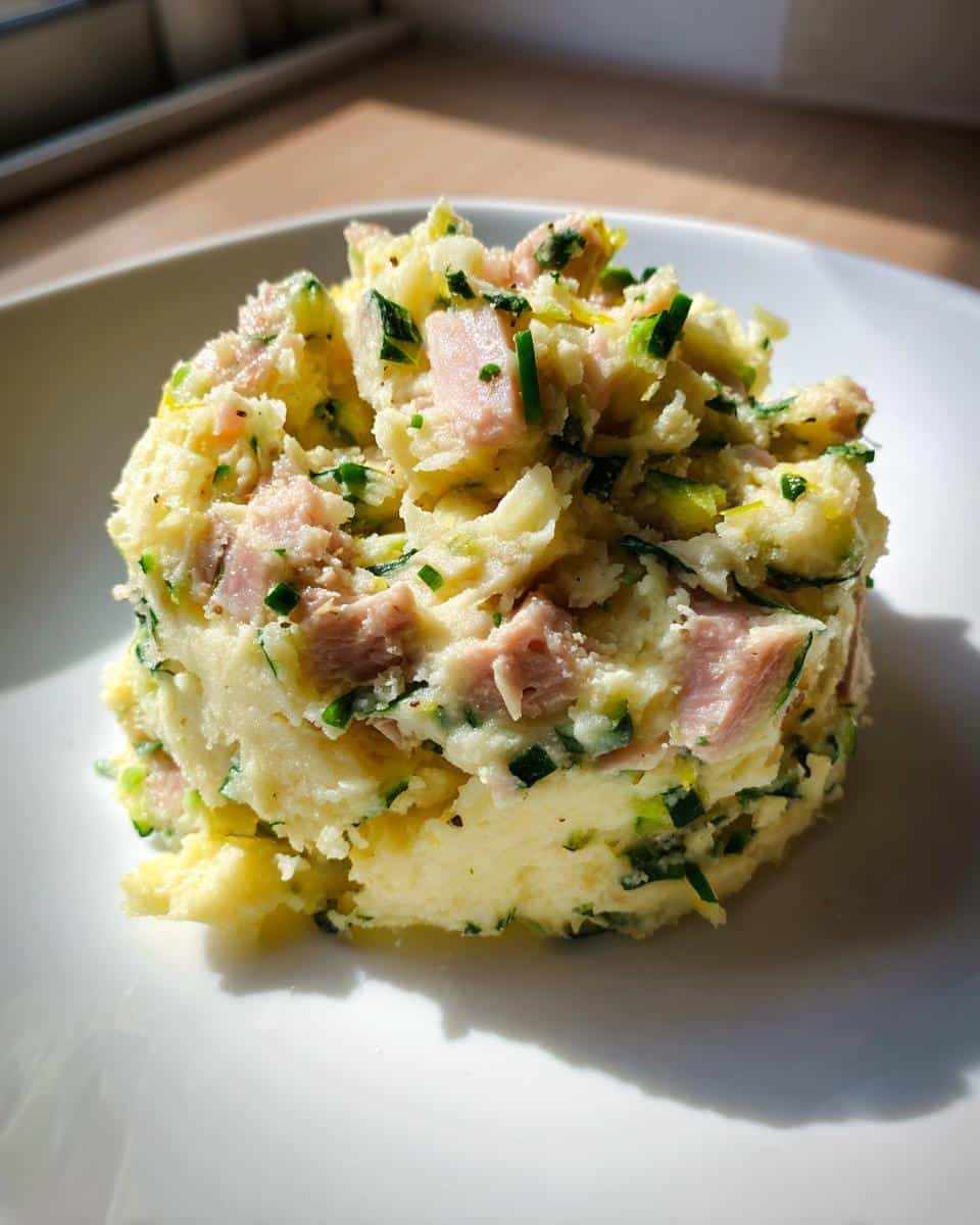 A molded serving of March Sardine, Potato & Zucchini Dog Food mixture on a white plate.