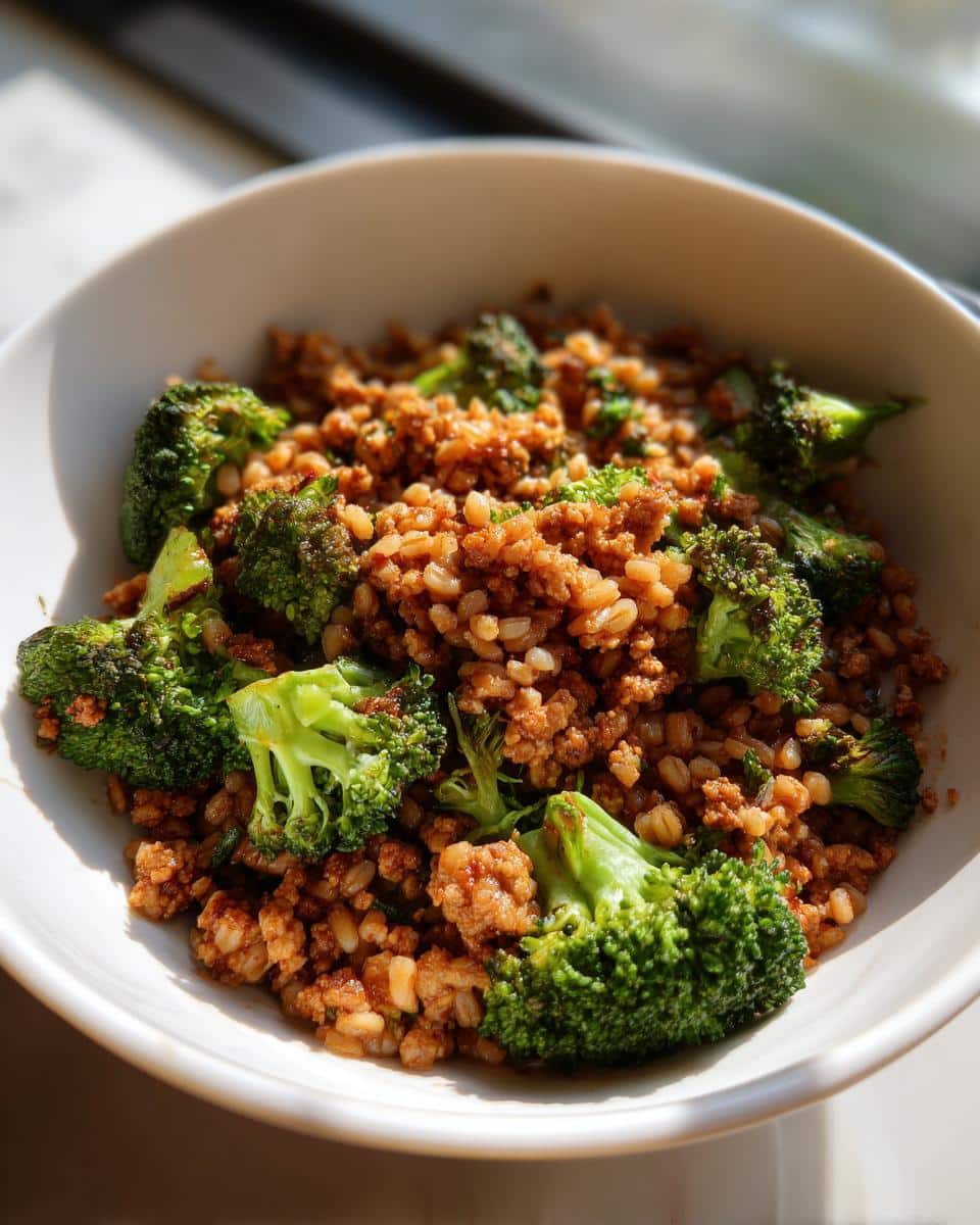 Close-up of homemade March Turkey, Barley & Broccoli Dog Food mixture in a white bowl.