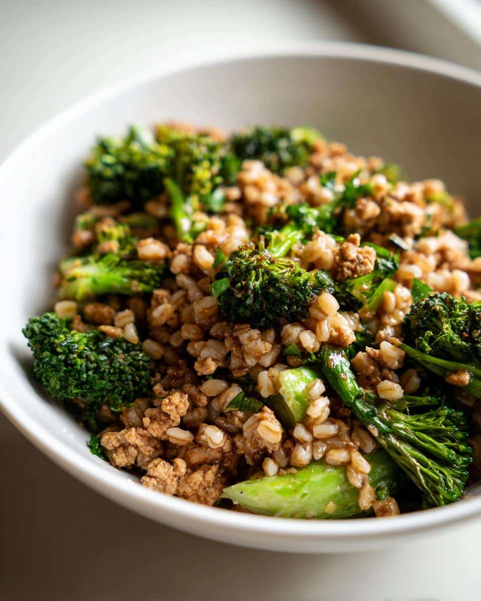 Close-up of homemade March Turkey, Barley & Broccoli Dog Food served in a white bowl.