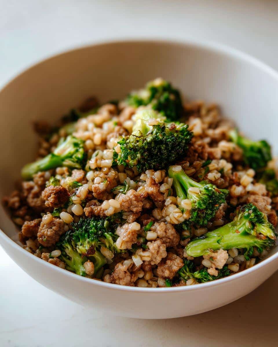 Close-up of a white bowl filled with March Turkey, Barley & Broccoli Dog Food mixture.