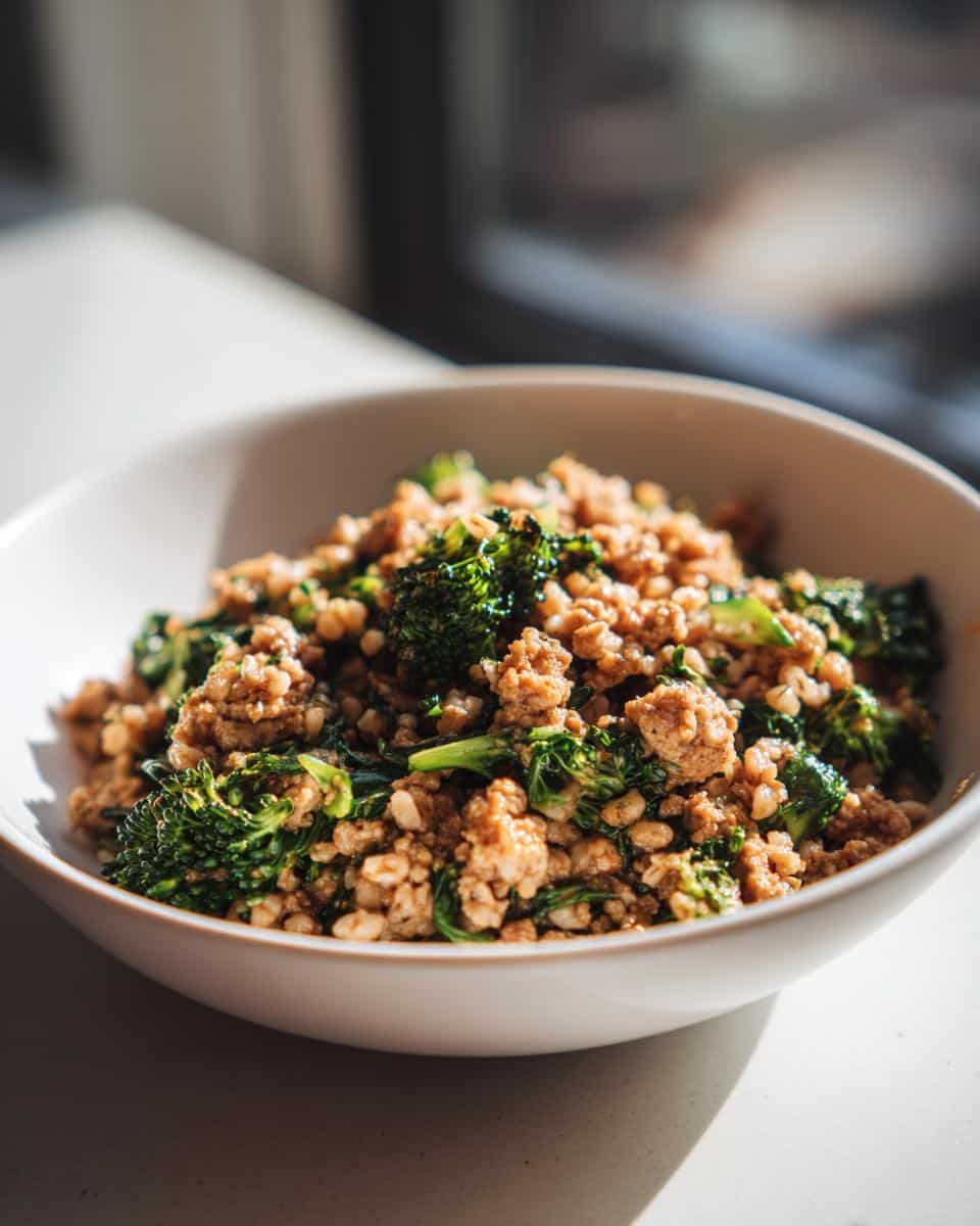 Close-up of homemade March Turkey, Barley & Broccoli Dog Food mix in a white bowl.