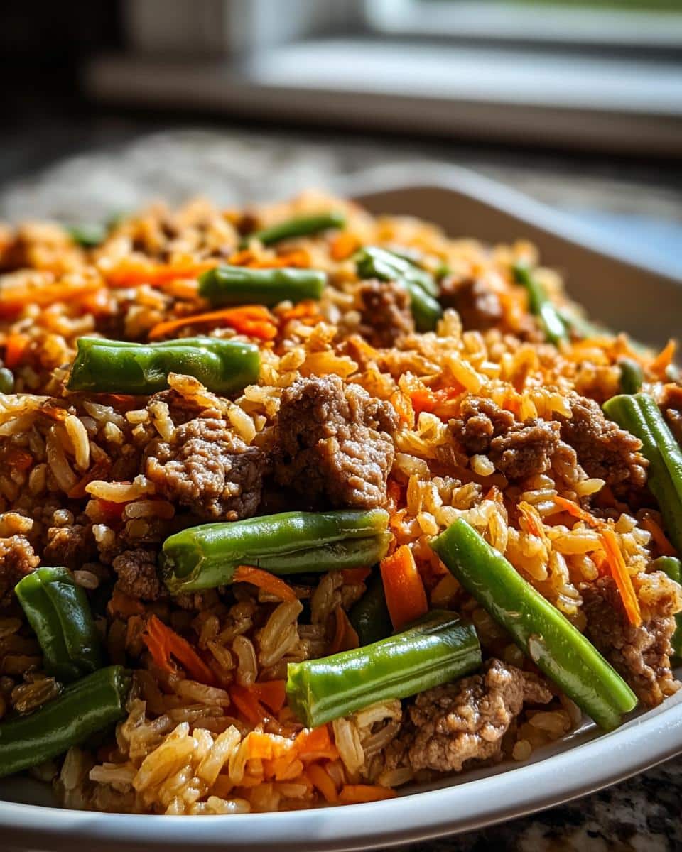 Close-up of homemade dog food featuring ground turkey, brown rice/buckwheat, carrots, and bright green beans.