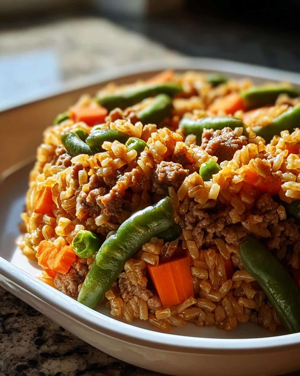 Close-up of homemade dog food featuring ground turkey, brown rice or buckwheat, carrots, and green beans.