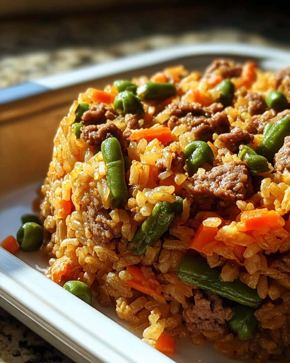 Close-up of homemade dog food mixture featuring ground meat, rice/buckwheat, green beans, and carrots, resembling March Turkey, Buckwheat & Green Beans Dog Food.
