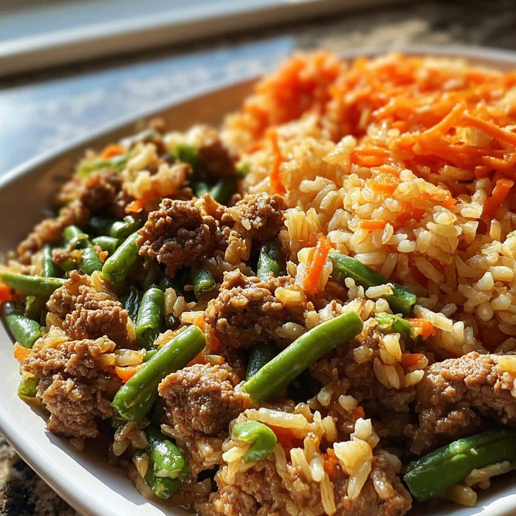 Close-up of homemade dog food featuring ground turkey, green beans, and rice/buckwheat mix with shredded carrots.