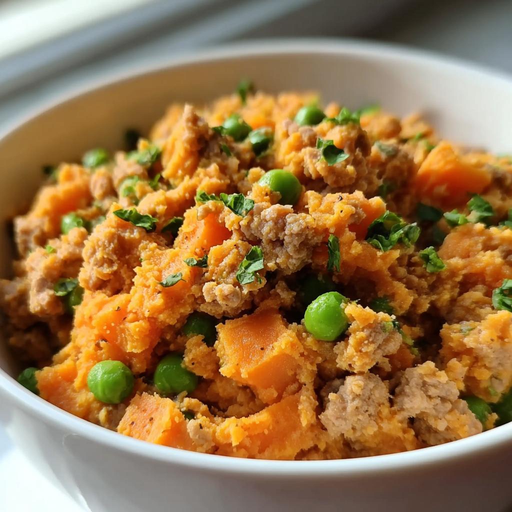 Close-up of homemade March Turkey, Sweet Potato & Peas Dog Food in a white bowl.