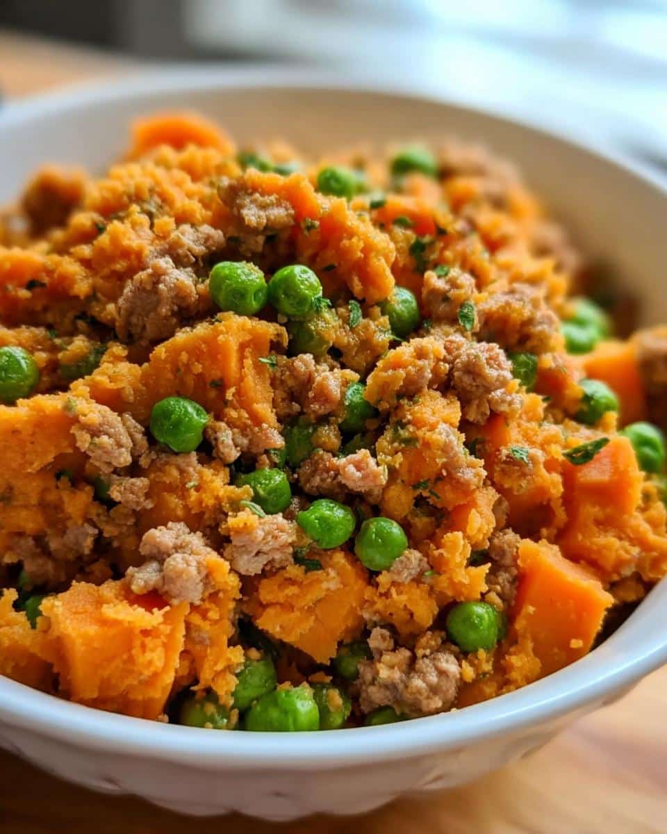 Close-up of homemade March Turkey, Sweet Potato & Peas Dog Food in a white bowl.
