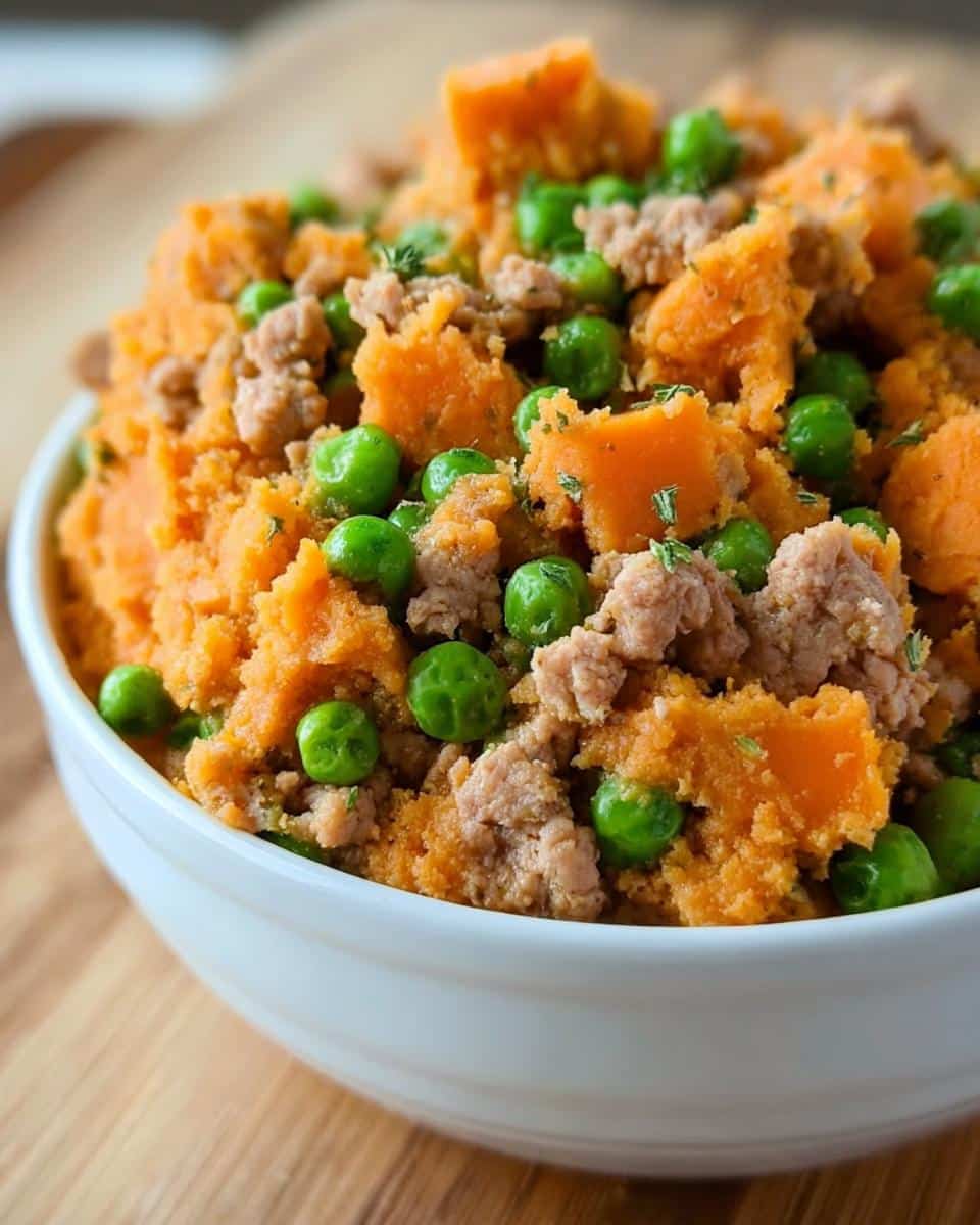 Close-up of homemade March Turkey, Sweet Potato & Peas Dog Food in a white bowl.