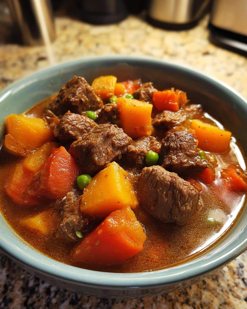 Close-up of a bowl of homemade March Venison, Sweet Potato & Carrots Dog Food stew with chunks of meat and vegetables.