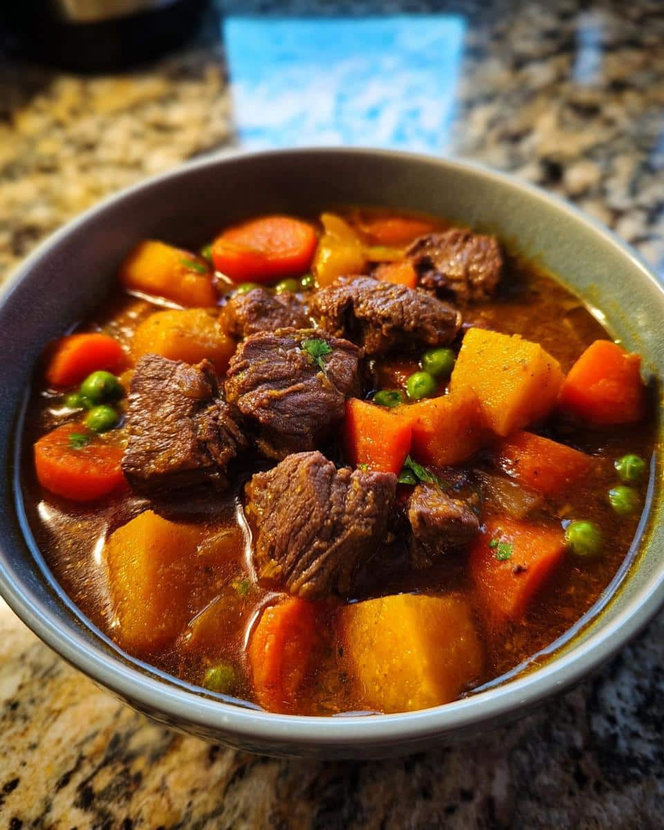Close-up of a hearty bowl of March Venison, Sweet Potato & Carrots Dog Food stew.