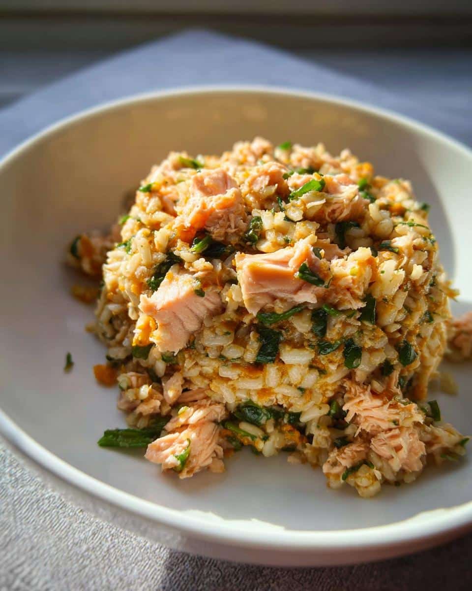 A bowl of homemade March White Fish, Brown Rice & Peas Dog Food mixture with visible chunks of pink fish and green vegetables.
