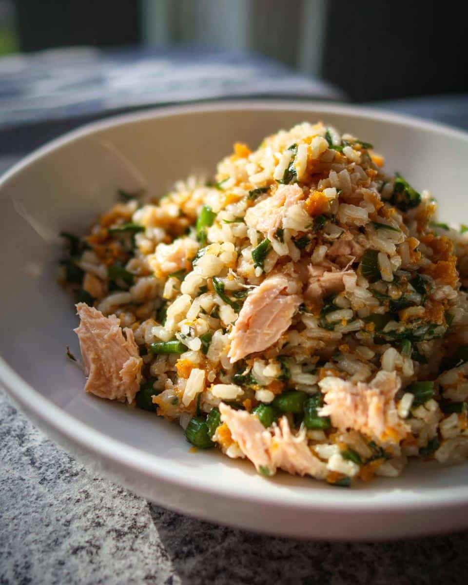 Close-up of homemade March White Fish, Brown Rice & Peas Dog Food in a white bowl.
