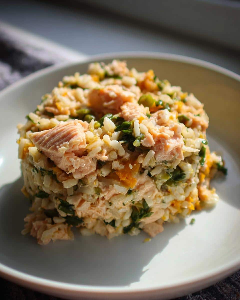 A molded serving of March White Fish, Brown Rice & Peas Dog Food mixture on a light plate.