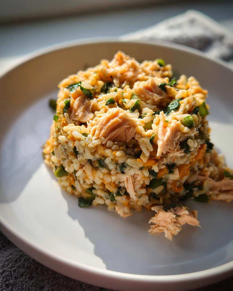 A molded serving of March White Fish, Brown Rice & Peas Dog Food on a white plate, showing flaked fish and green vegetables mixed with rice.