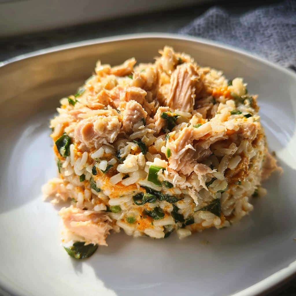 A molded serving of March White Fish, Brown Rice & Peas Dog Food mixture on a white plate.