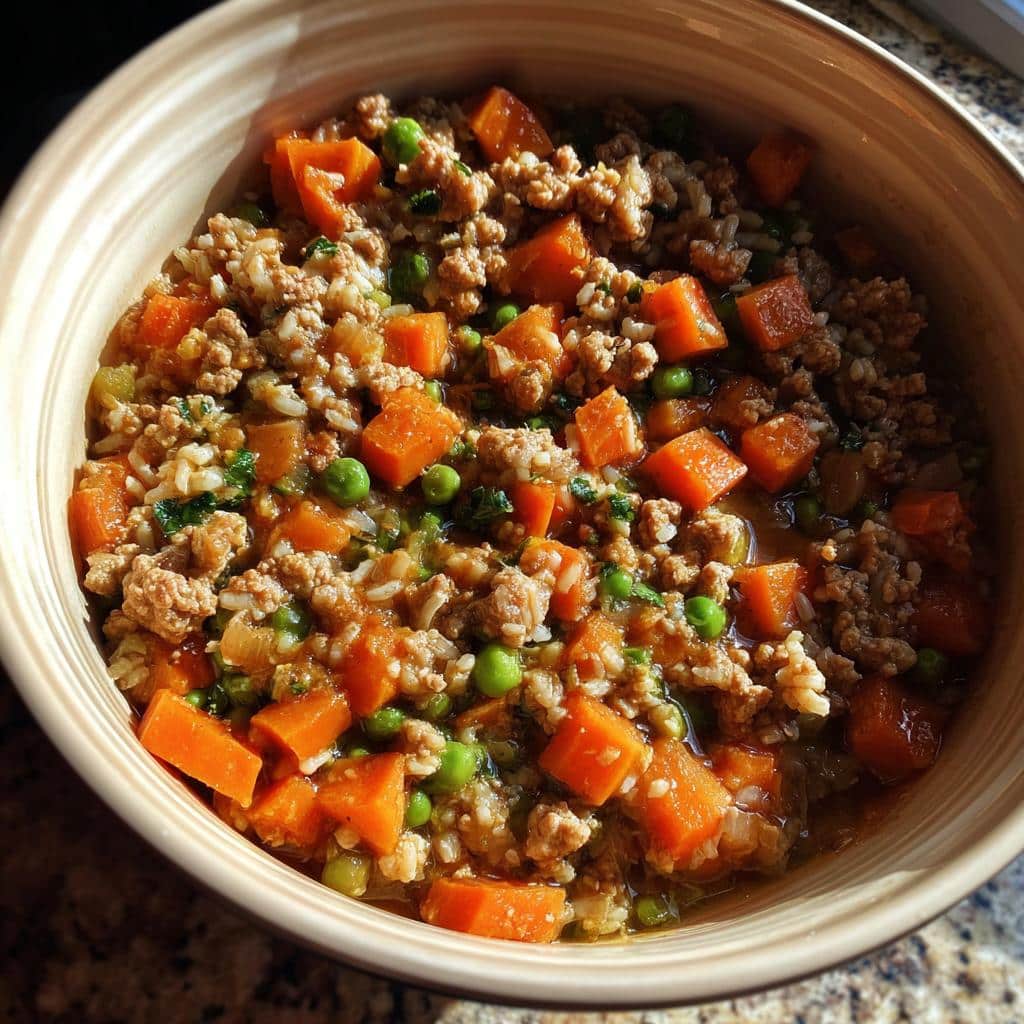 Close-up of a bowl filled with One-Pot Homemade Dog Food Recipes Crockpot mixture of ground meat, rice, peas, and diced sweet potatoes.