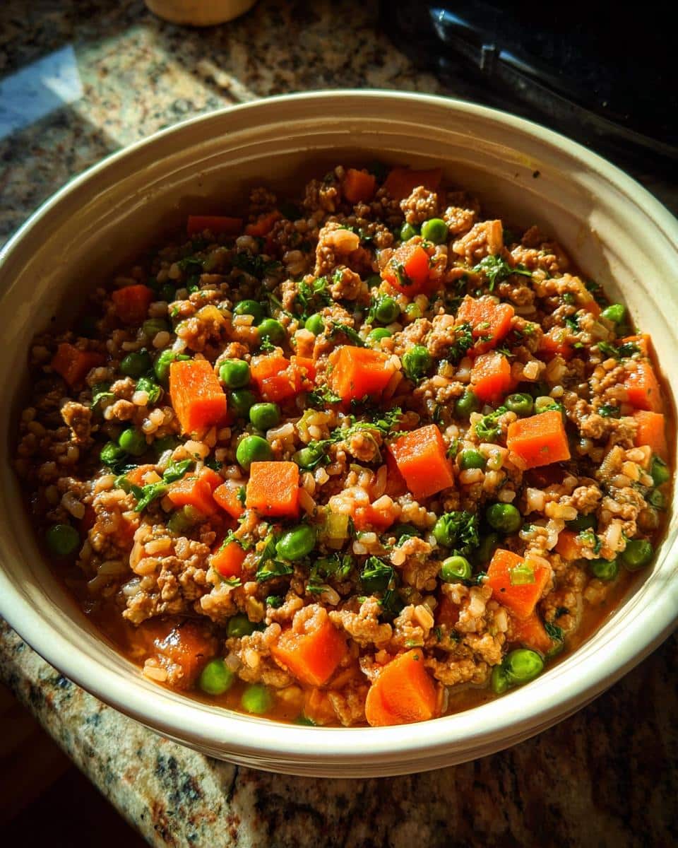 Close-up of One-Pot Homemade Dog Food Recipes Crockpot mixture featuring ground meat, brown rice, bright orange carrots, and green peas.