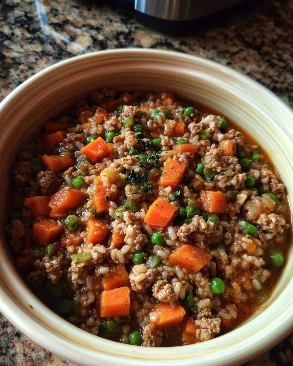 Close-up of a bowl filled with One-Pot Homemade Dog Food Recipes Crockpot mixture of ground meat, rice, carrots, and peas.