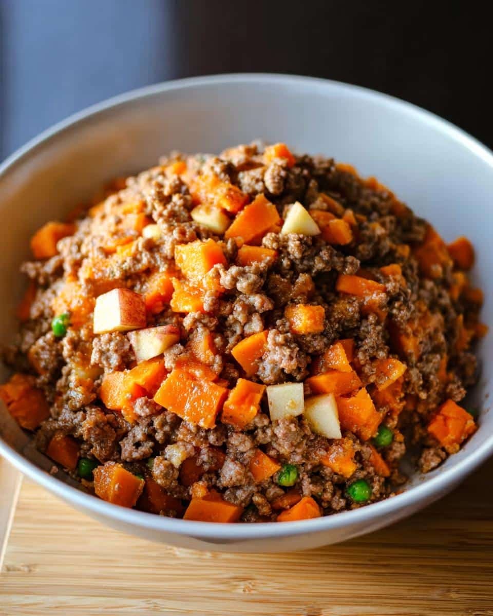 Close-up of the Pork and Peas Delight Dog recipe mixture, featuring ground pork, diced sweet potato, peas, and apple chunks in a white bowl.