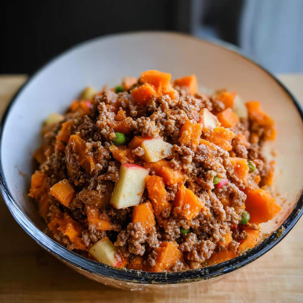 Close-up of a bowl filled with the Pork and Peas Delight Dog recipe mixture of ground meat, sweet potatoes, and apple chunks.