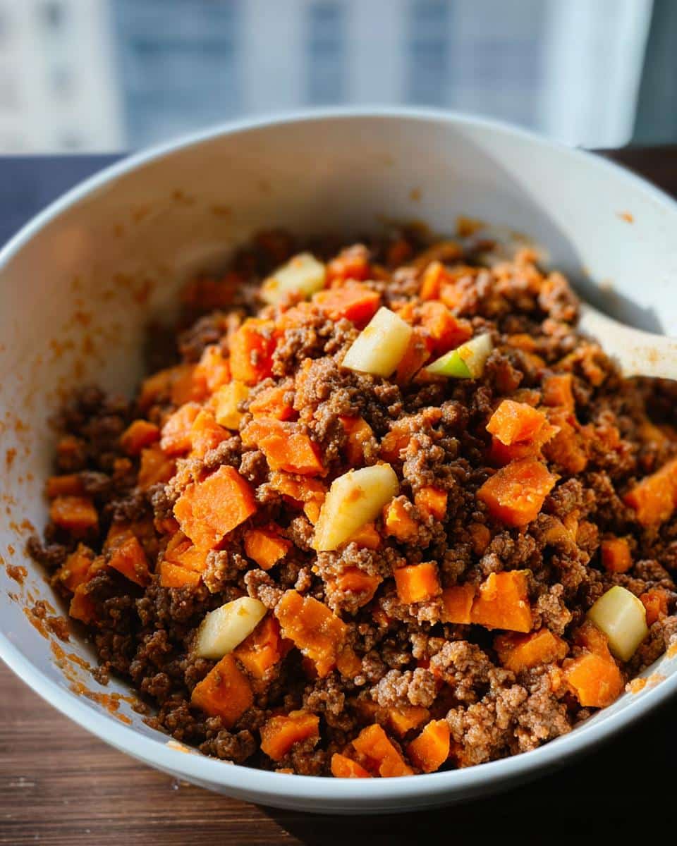 Close-up of ground meat, diced sweet potatoes, and apple chunks being mixed for the Pork and Peas Delight Dog recipe.