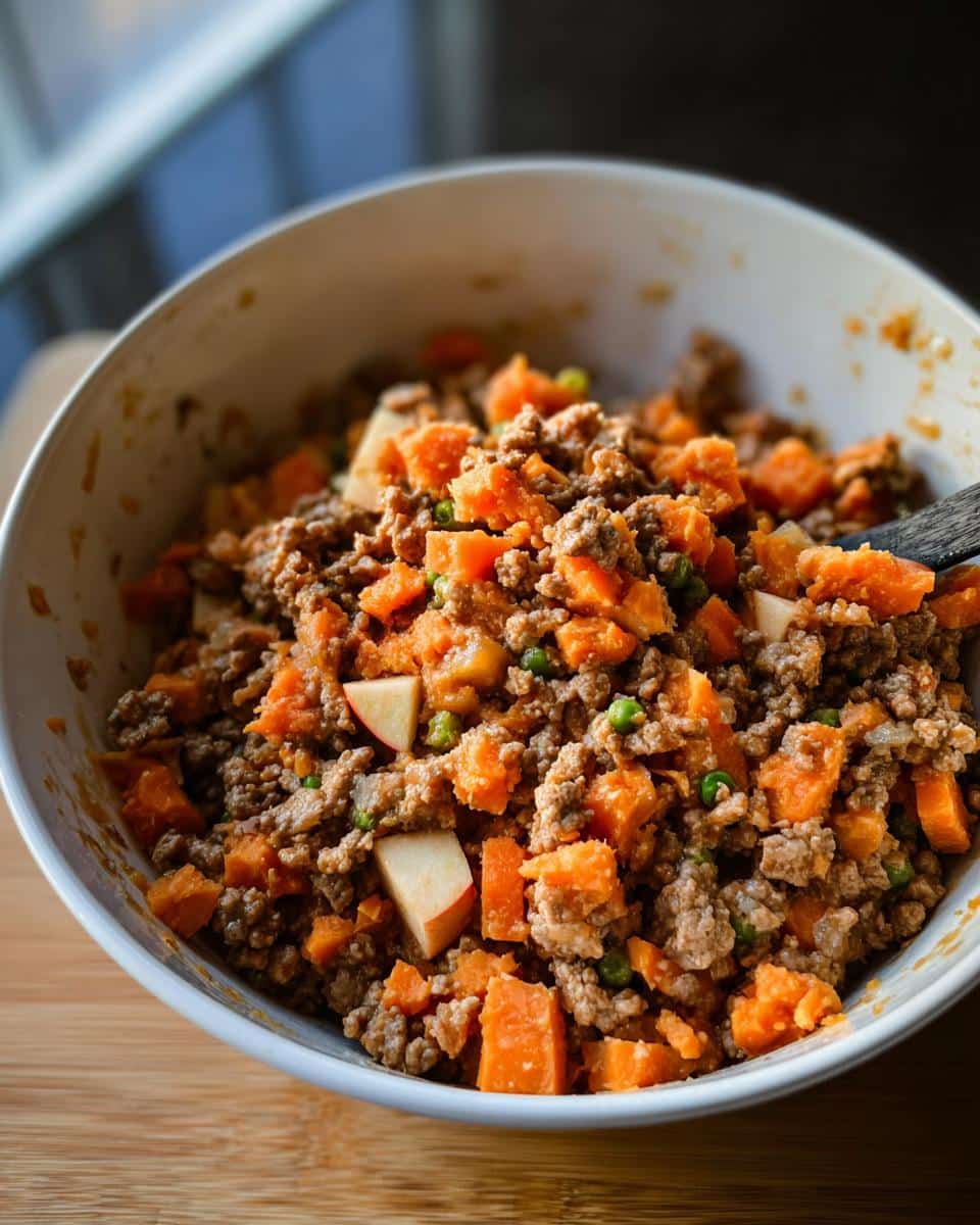 Close-up of the Pork and Peas Delight Dog recipe mixture featuring ground meat, sweet potatoes, peas, and apple chunks in a white bowl.