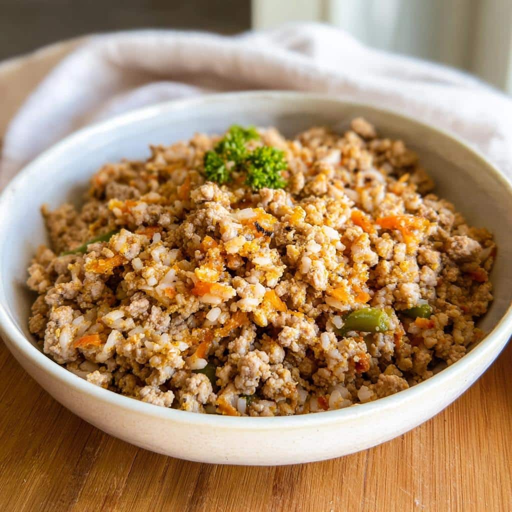 A bowl filled with homemade Pork & Rice Mini-Batch Dog Food, mixed with carrots and rice.