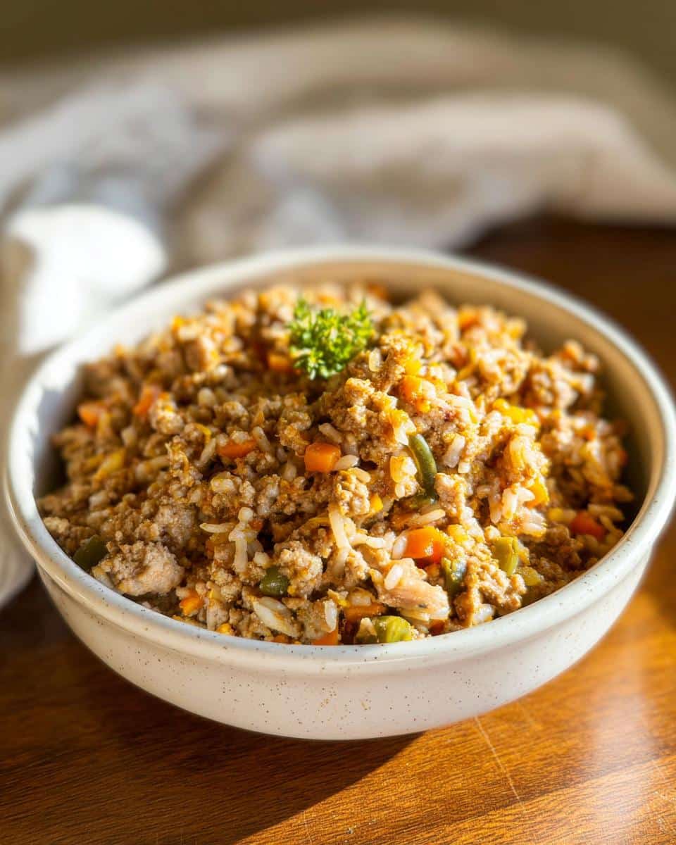 A close-up of a speckled white bowl filled with Pork & Rice Mini-Batch Dog Food, showing ground pork, white rice, and diced carrots.