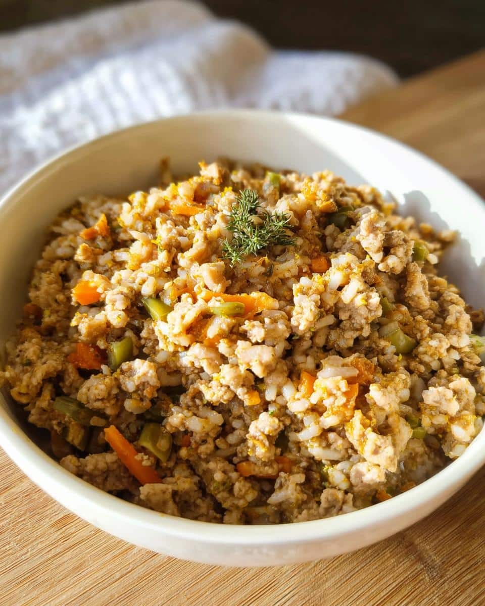 A close-up of a white bowl filled with Pork & Rice Mini-Batch Dog Food, showing ground pork, rice, and chopped vegetables.