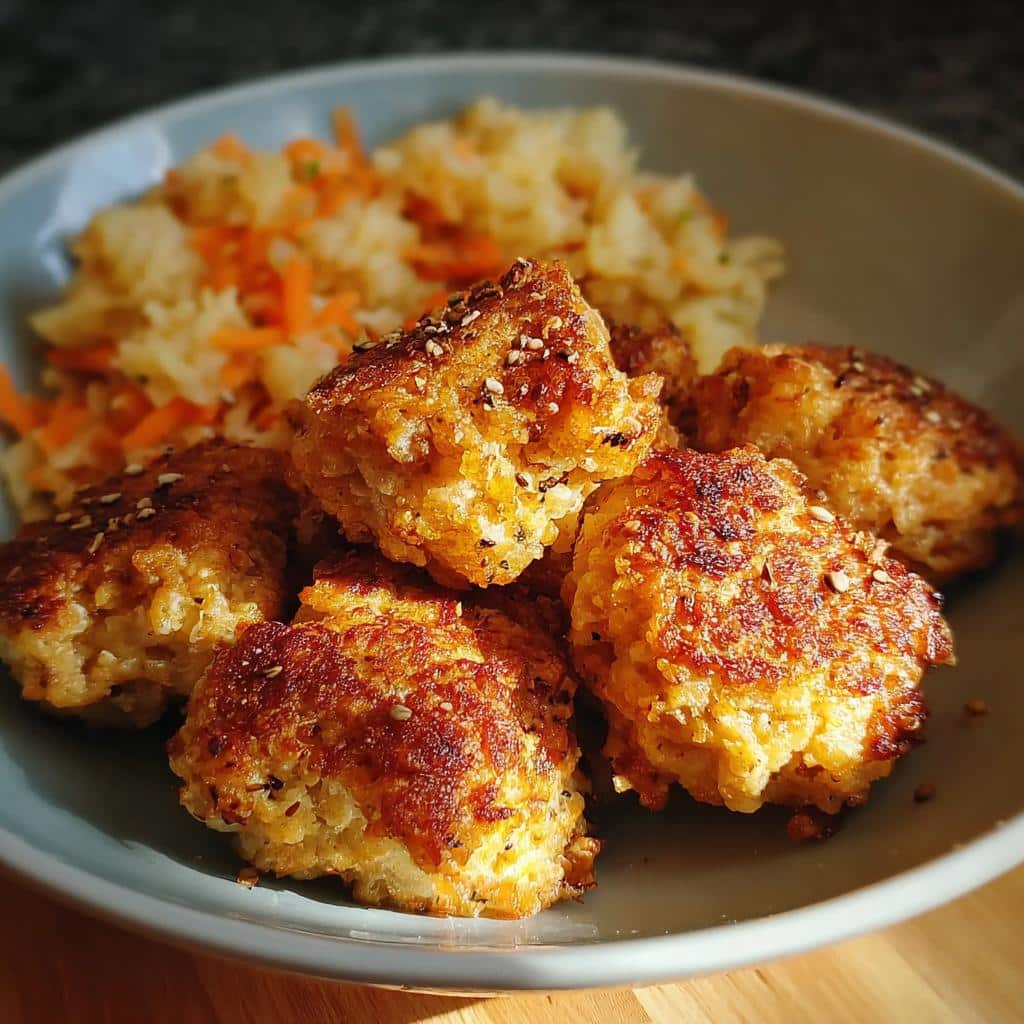 Close-up of golden-brown, seedy potato and carrot bites, resembling small patties, served next to shredded vegetables.