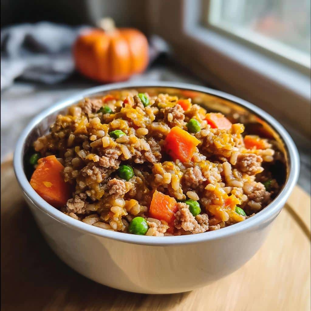 A close-up of a white bowl filled with Pumpkin and Beef Farmer’s Dog Food Recipe, featuring ground beef, rice, carrots, and peas.