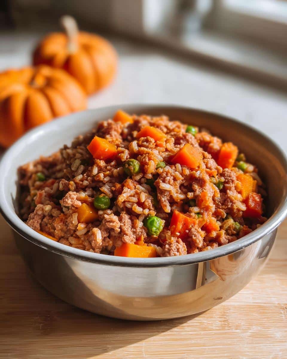 A bowl filled with homemade Pumpkin and Beef Farmer’s Dog Food Recipe, showing ground beef, rice, carrots, and peas.