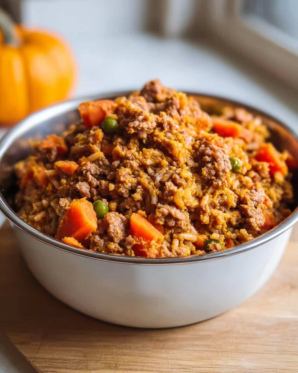 A bowl filled with homemade Pumpkin and Beef Farmer’s Dog Food Recipe, mixed with carrots and peas.
