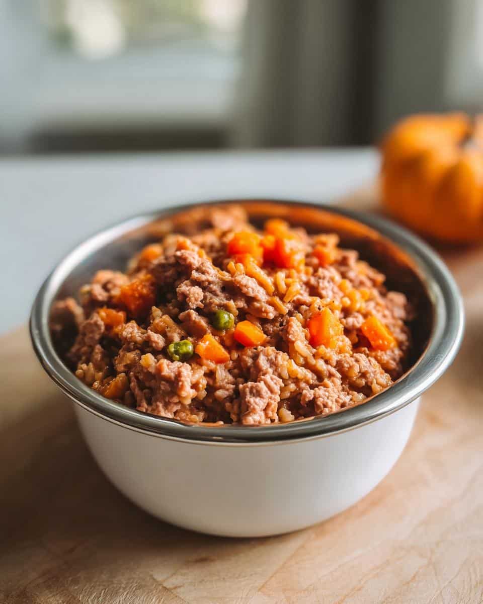 Close-up of homemade Pumpkin and Beef Farmer’s Dog Food Recipe in a metal-rimmed white bowl.
