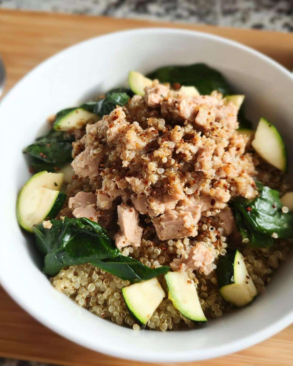 Close-up of a white bowl containing DIY dog food for diabetic dogs: quinoa, flaked tuna, spinach, and sliced zucchini.