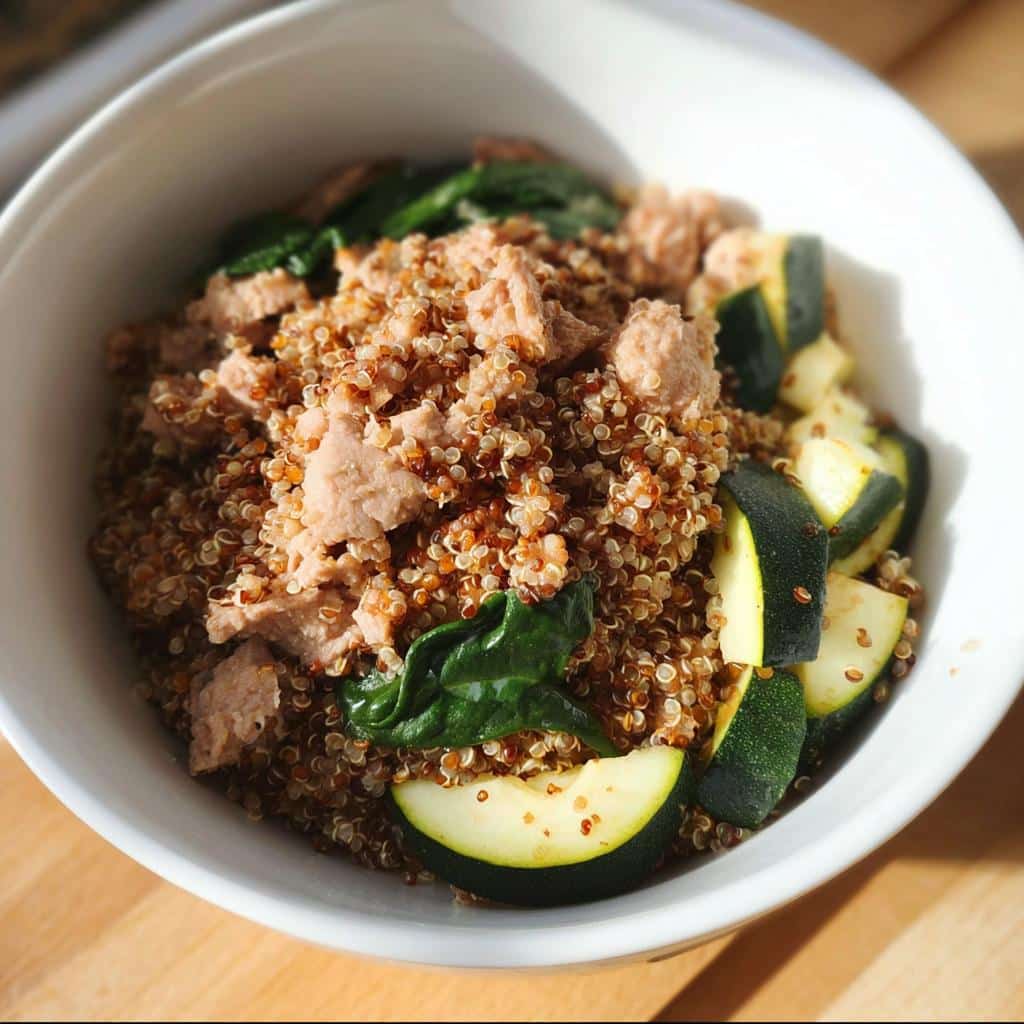 Close-up of a white bowl containing DIY dog food for diabetic dogs: quinoa, shredded turkey, zucchini slices, and spinach.