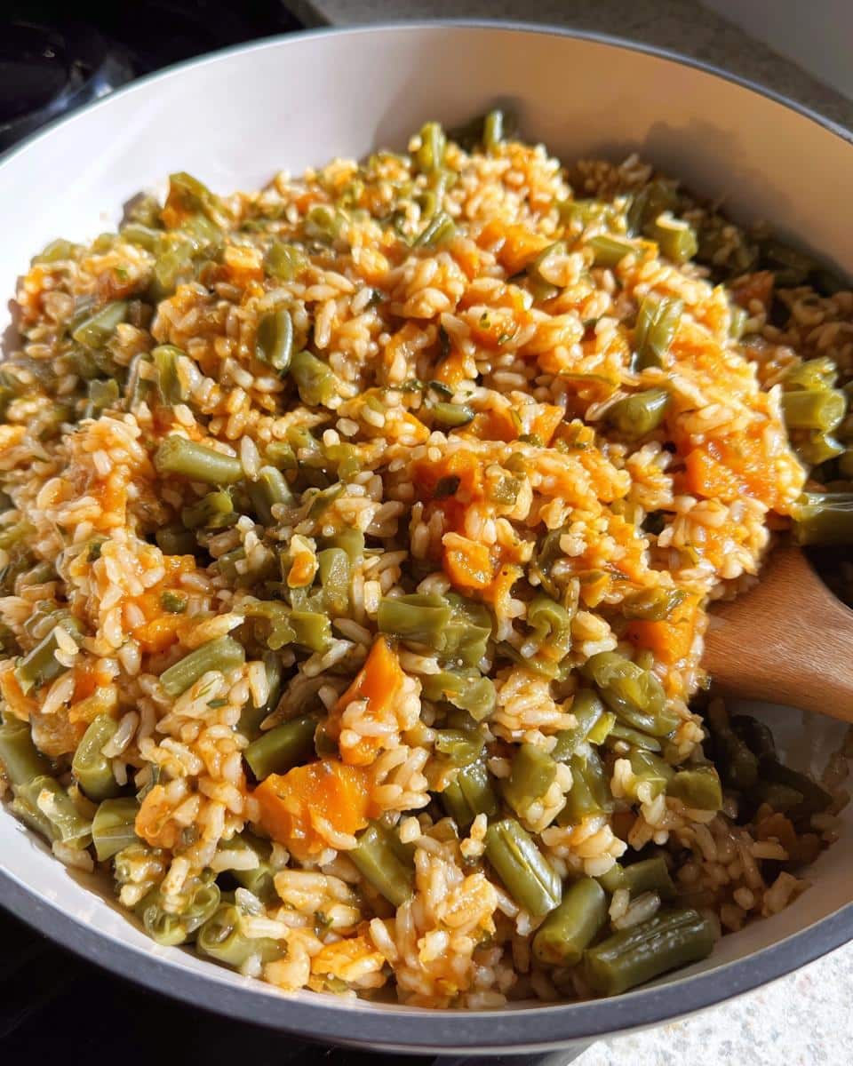 Close-up of cooked rice mixed with green beans and orange vegetables, part of the Venison, Barley & Green Beans Dog Food recipe.