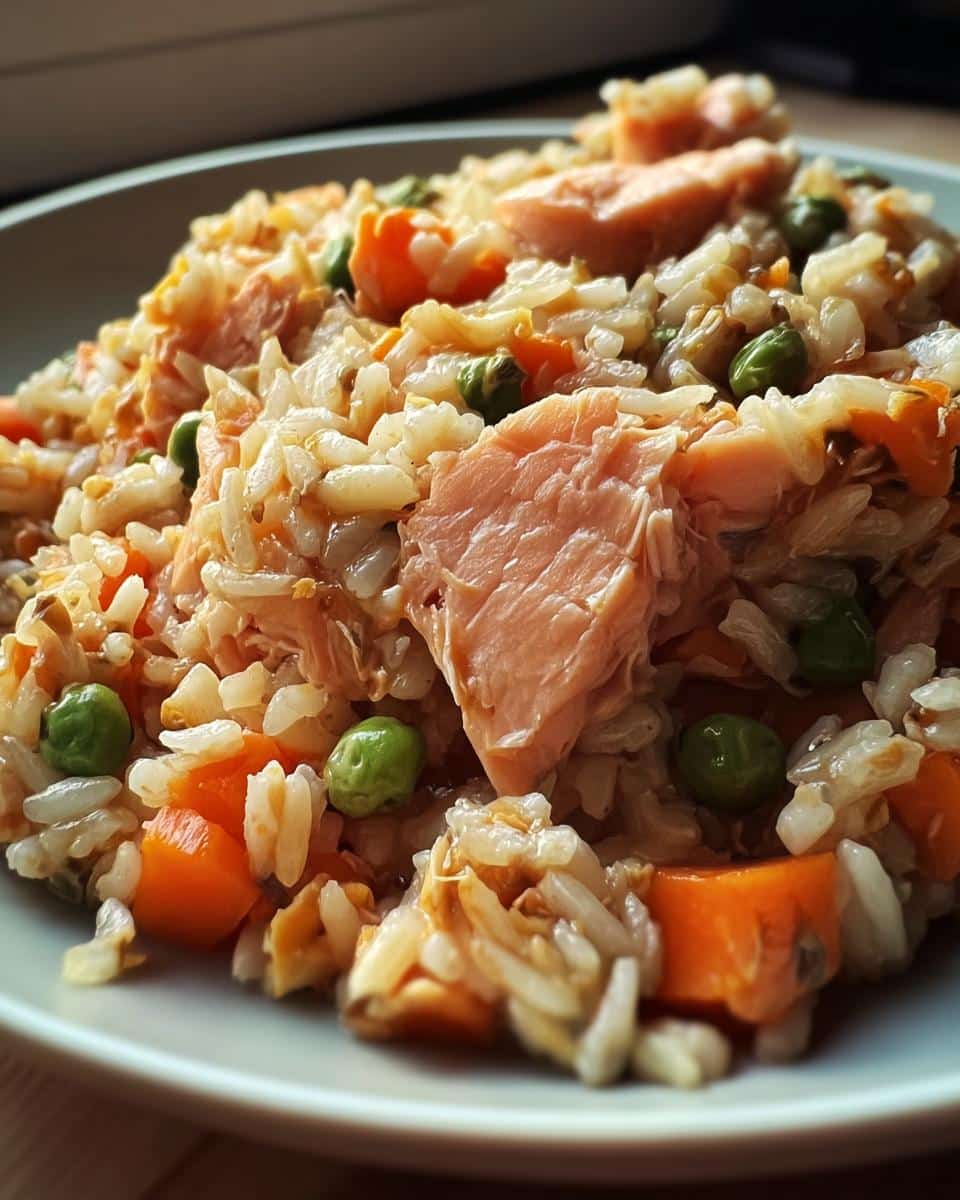 Close-up of homemade Salmon, Brown Rice & Carrots Dog Food mix with chunks of pink salmon, orange carrots, and green peas.