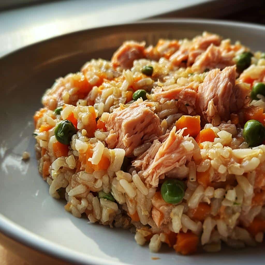 Close-up of homemade Salmon, Brown Rice & Carrots Dog Food mixture served in a white bowl.