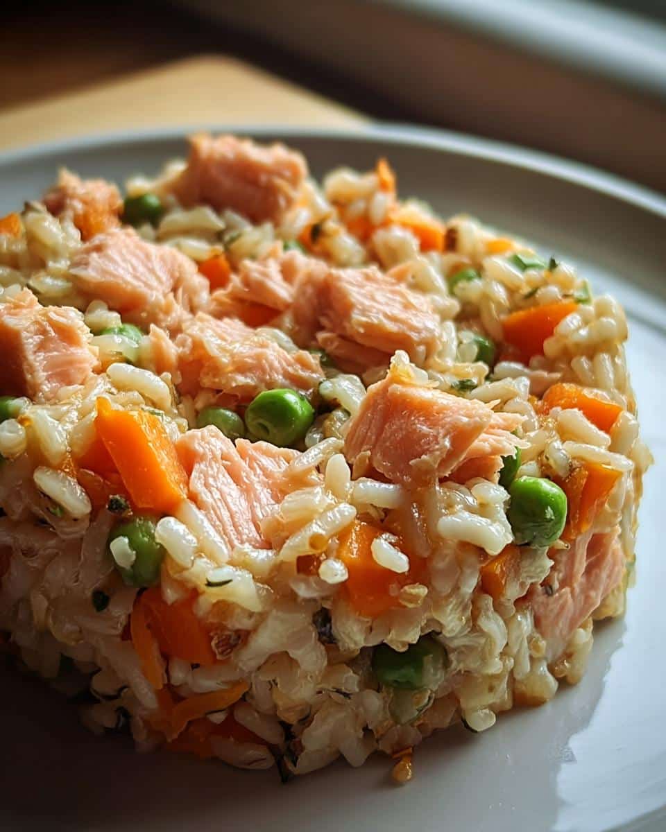 Close-up of a molded portion of homemade dog food featuring flaked salmon, brown rice, carrots, and peas.