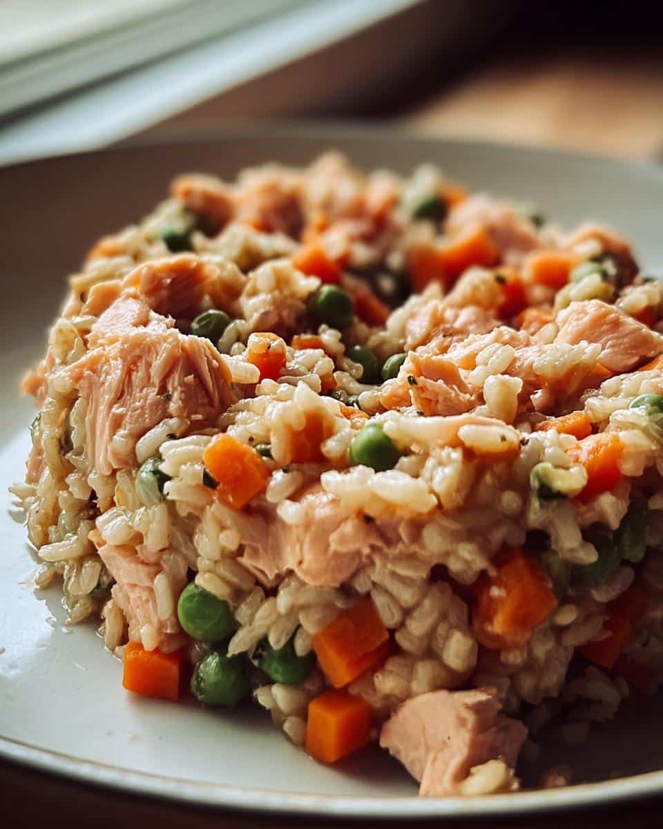 Close-up of a serving of Salmon, Brown Rice & Carrots Homemade Dog Food mixture on a white plate.