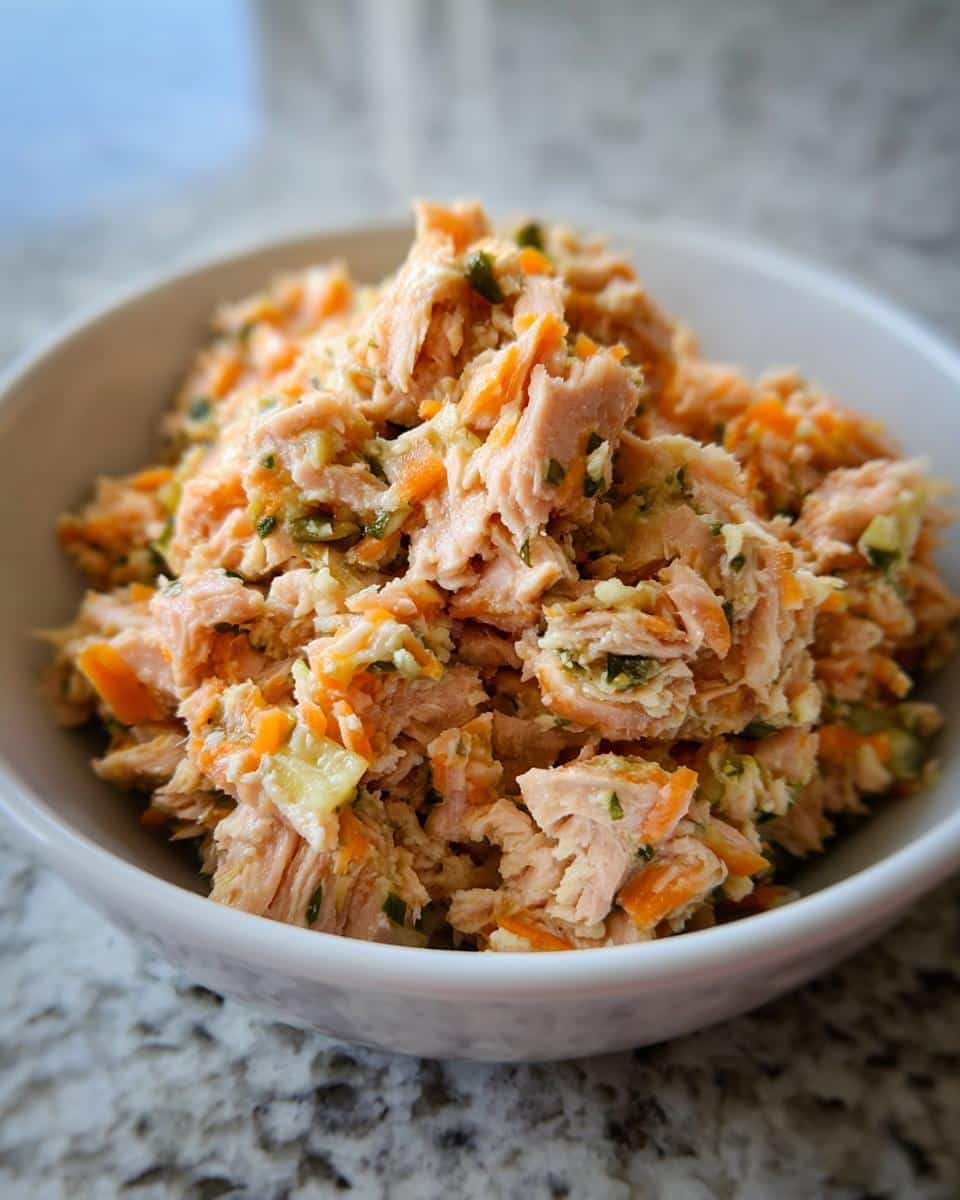 Close-up of flaked salmon mixed with shredded carrots and green herbs, ready for Homemade Dog Food Recipes Crockpot.