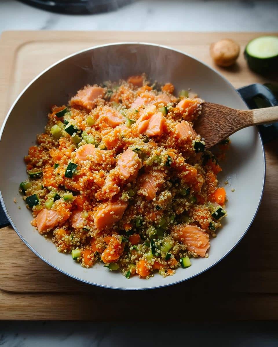 Steaming bowl of homemade dog food featuring salmon chunks, quinoa, carrots, and zucchini, suitable for skin allergies.