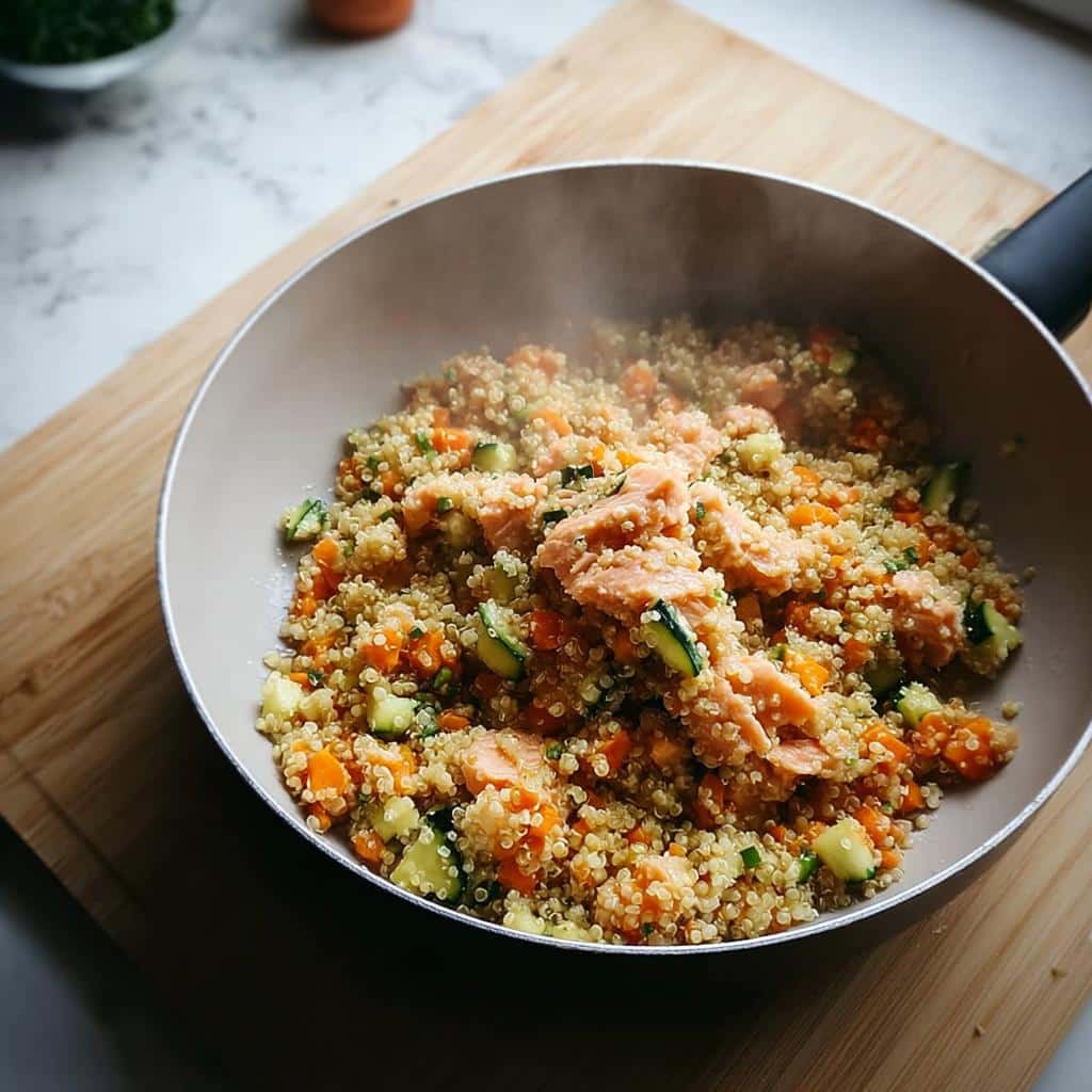 Steaming pan of homemade dog food featuring salmon, quinoa, carrots, and zucchini for skin allergies.