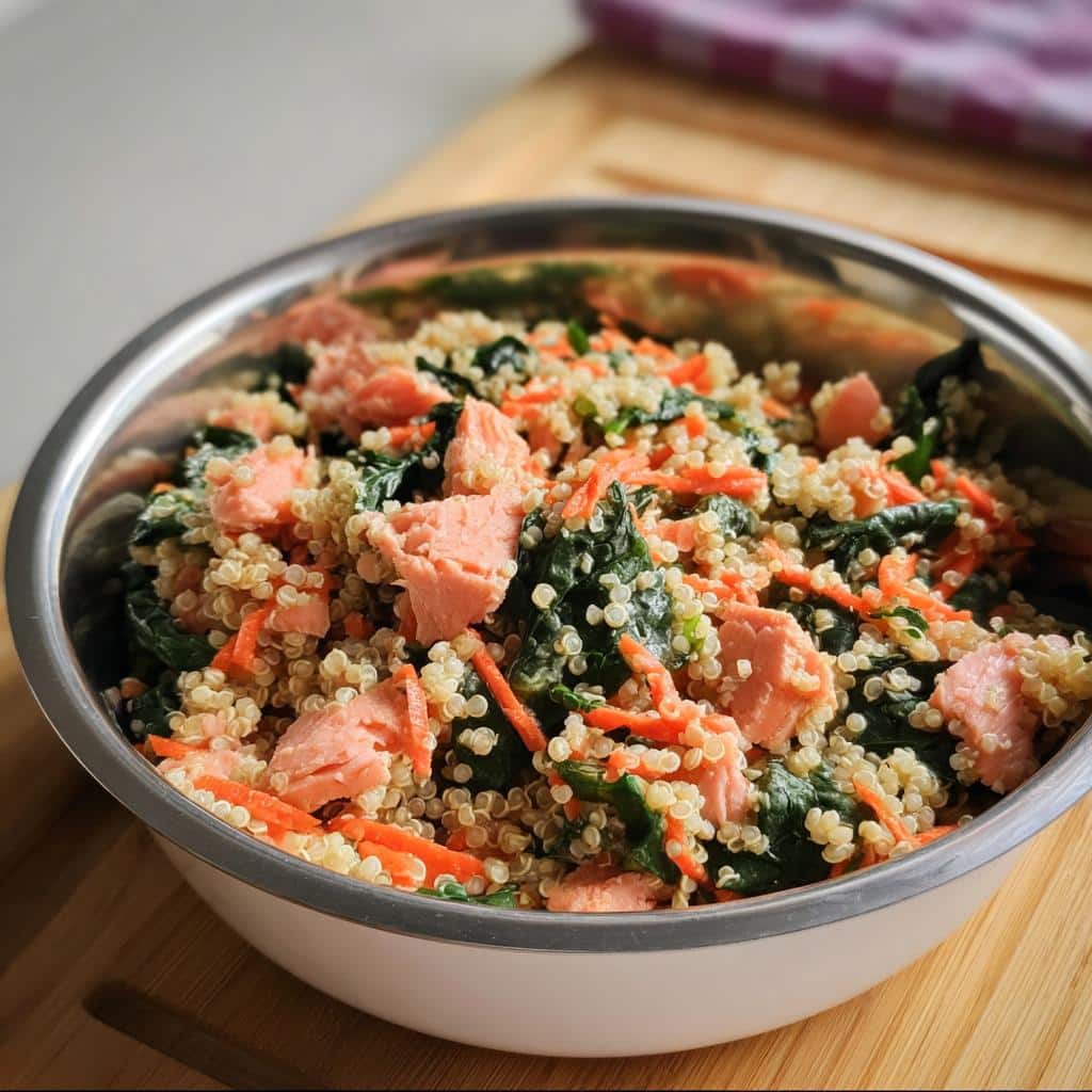 Close-up of homemade Salmon & Quinoa Puppy Food mixed with spinach and carrots in a stainless steel bowl.