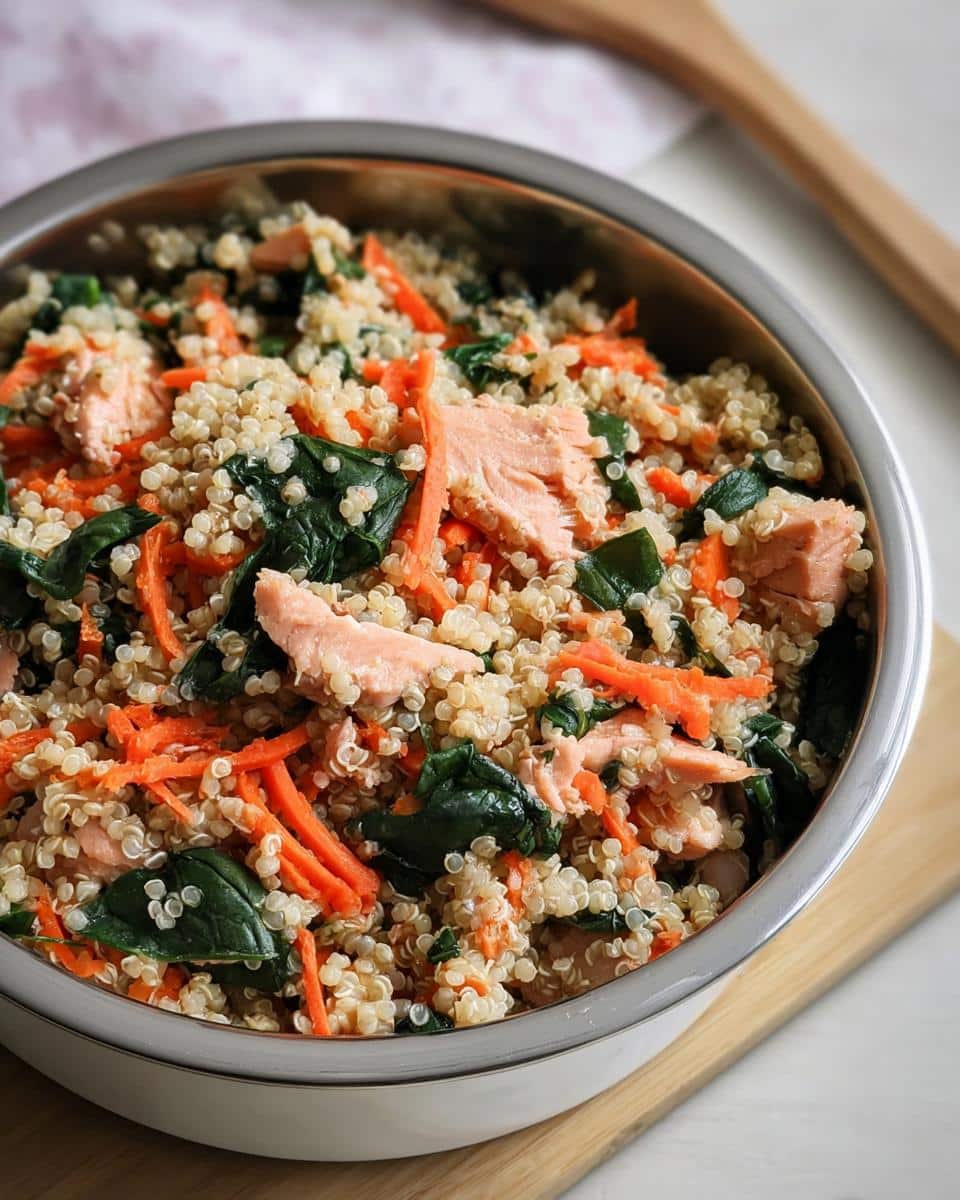 Close-up of homemade Salmon & Quinoa Puppy Food mix with shredded carrots and spinach in a metal bowl.