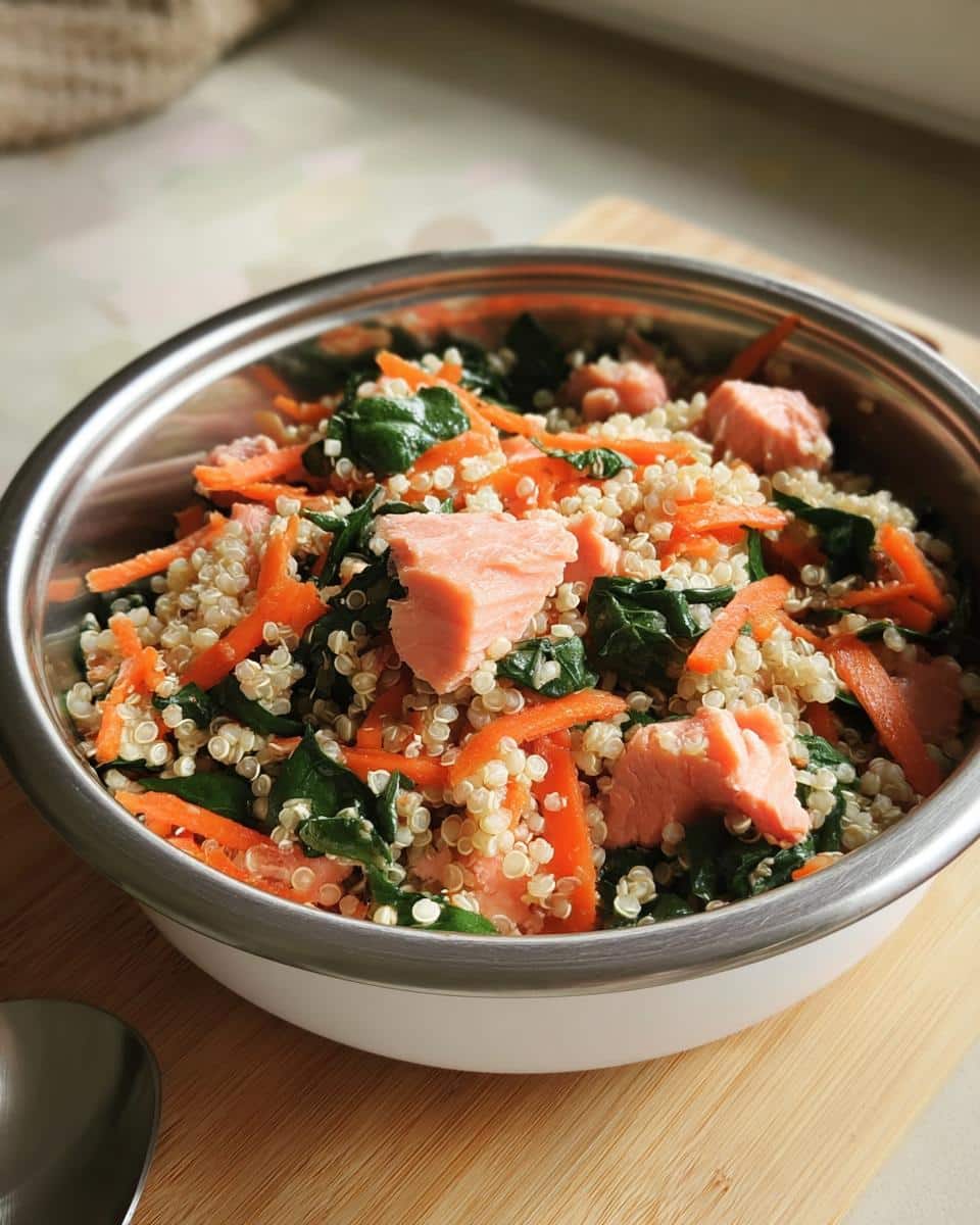 Close-up of Salmon & Quinoa Puppy Food mix with shredded carrots and spinach in a stainless steel bowl.